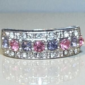 Silver Band Ring with Pink and Purple Stones Size 9.5 New